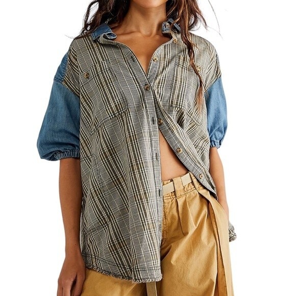 We The Free Tops - FREE PEOPLE RUNAWAY PLAID AND DENIM TOP SIZE XS